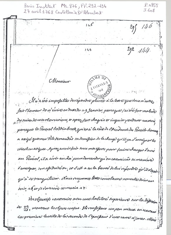 Lettre de Castillon à D'Alembert, 27 avril 1768 Lettre de Castillon à D'Alembert, 27 avril 1768