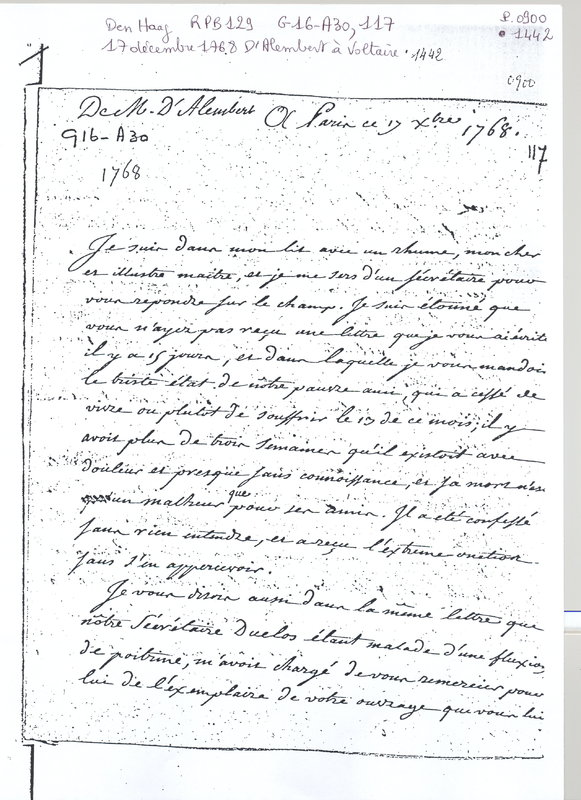 Lettre de D'Alembert à Voltaire, 17 décembre 1768 Lettre de D'Alembert à Voltaire, 17 décembre 1768