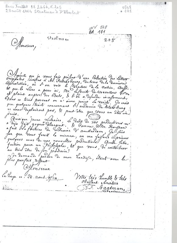 Lettre de Staatman à D'Alembert, 28 août 1764 Lettre de Staatman à D'Alembert, 28 août 1764