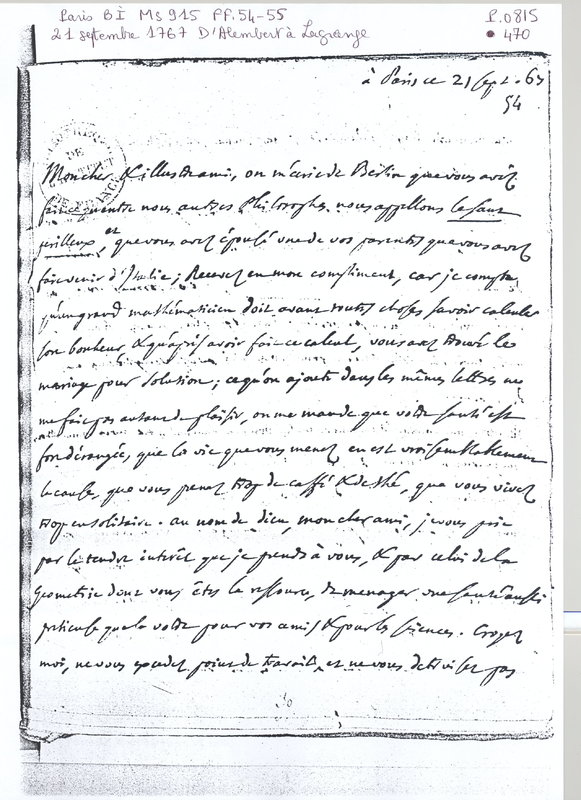 Lettre de D'Alembert à Lagrange, 21 septembre 1767 Lettre de D'Alembert à Lagrange, 21 septembre 1767