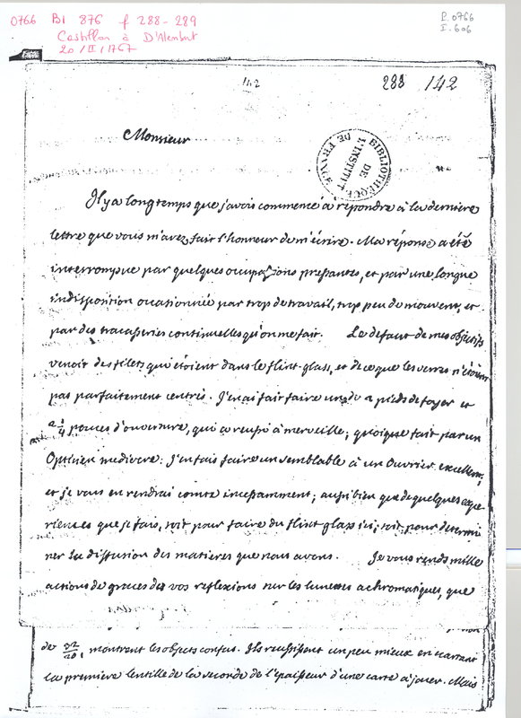 Lettre de Castillon à D'Alembert, 20 février 1767 Lettre de Castillon à D'Alembert, 20 février 1767