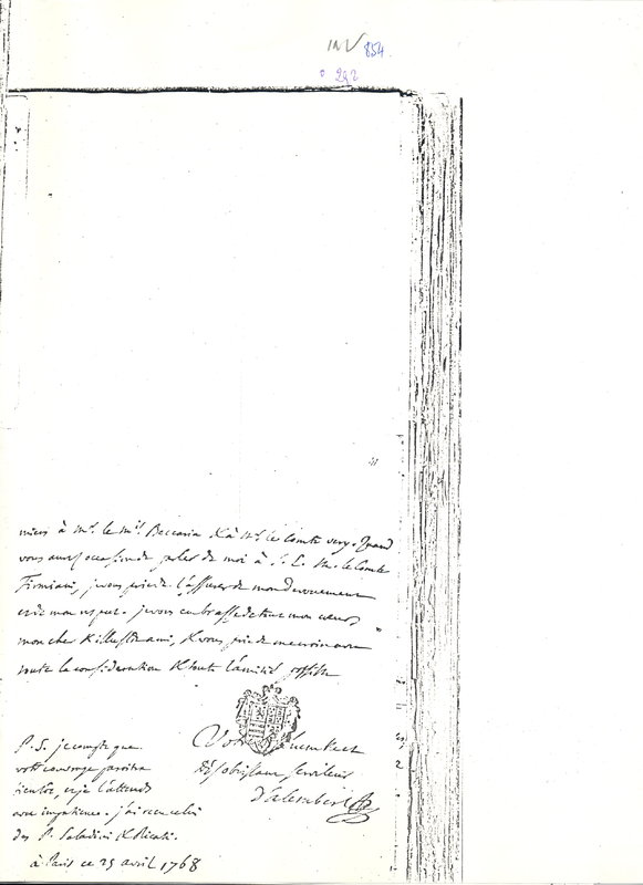 Lettre de D'Alembert à Frisi, 25 avril 1768 Lettre de D'Alembert à Frisi, 25 avril 1768