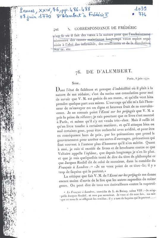 Lettre de D'Alembert à Frédéric II, 8 juin 1770 Lettre de D'Alembert à Frédéric II, 8 juin 1770
