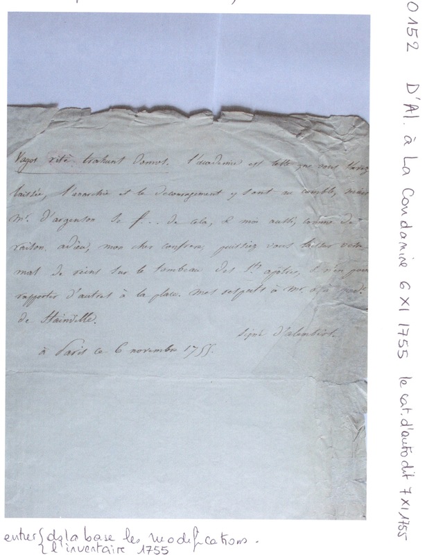 Lettre de D'Alembert à La Condamine Charles, 7 novembre 1755 Lettre de D'Alembert à La Condamine Charles, 7 novembre 1755