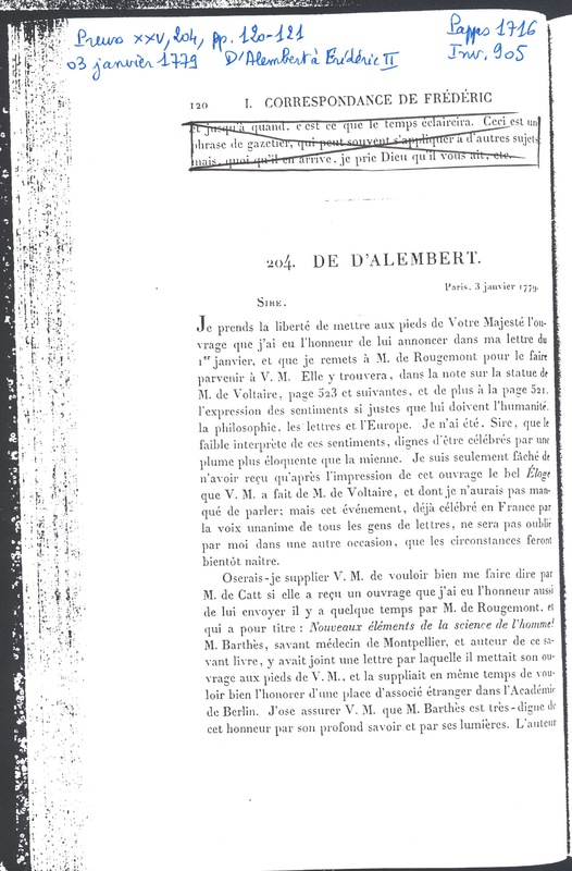 Lettre de D'Alembert à Frédéric II, 3 janvier 1779 Lettre de D'Alembert à Frédéric II, 3 janvier 1779