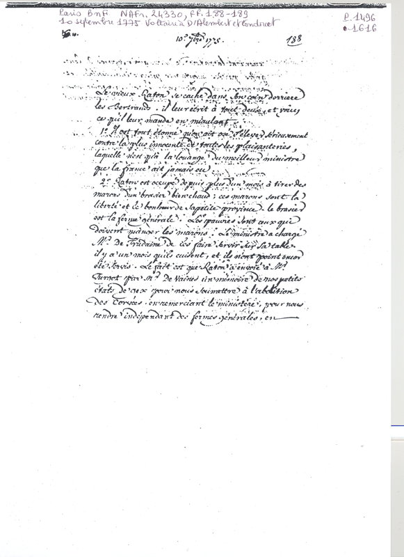 Lettre de Voltaire à D'Alembert et Condorcet, 10 septembre 1775 Lettre de Voltaire à D'Alembert et Condorcet, 10 septembre 1775