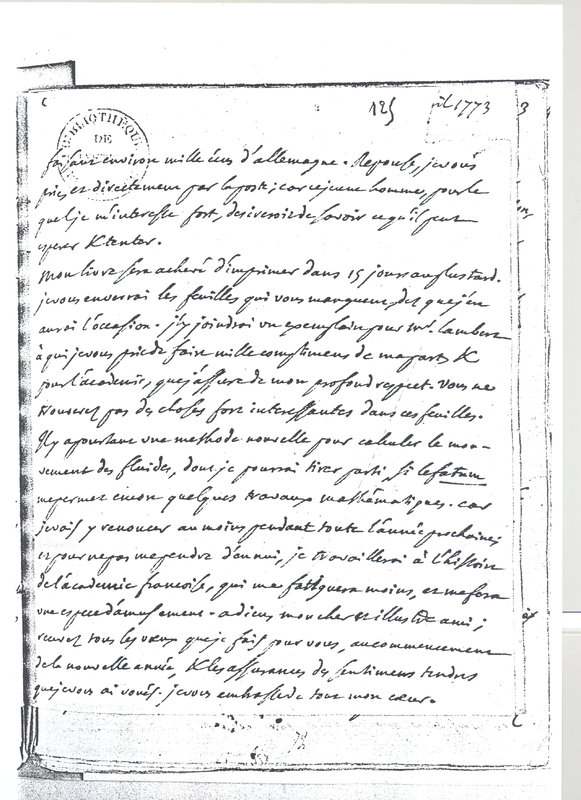 Lettre de D'Alembert à Lagrange, 1er janvier 1773 Lettre de D'Alembert à Lagrange, 1er janvier 1773