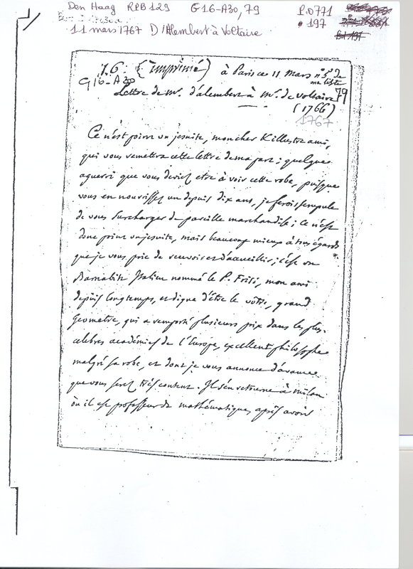 Lettre de D'Alembert à Voltaire, 11 mars 1767 Lettre de D'Alembert à Voltaire, 11 mars 1767