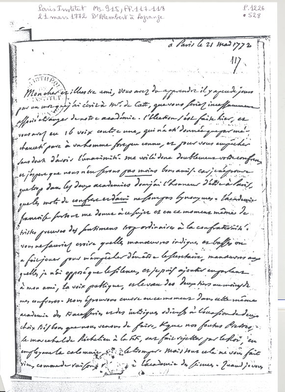 Lettre de D'Alembert à Lagrange, 21 mai 1772