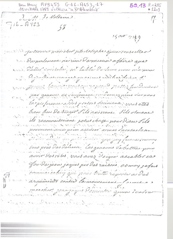 Lettre de Voltaire à D'Alembert, 15 octobre 1759 Lettre de Voltaire à D'Alembert, 15 octobre 1759