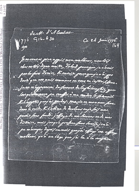 Lettre de D'Alembert à Voltaire, 24 juin 1776 Lettre de D'Alembert à Voltaire, 24 juin 1776
