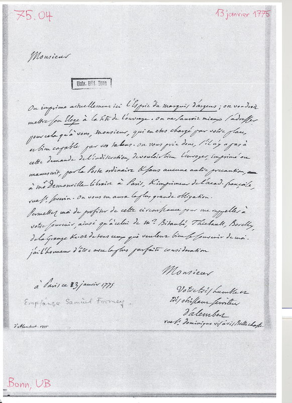 Lettre de D'Alembert à Formey, 13 janvier 1775 Lettre de D'Alembert à Formey, 13 janvier 1775