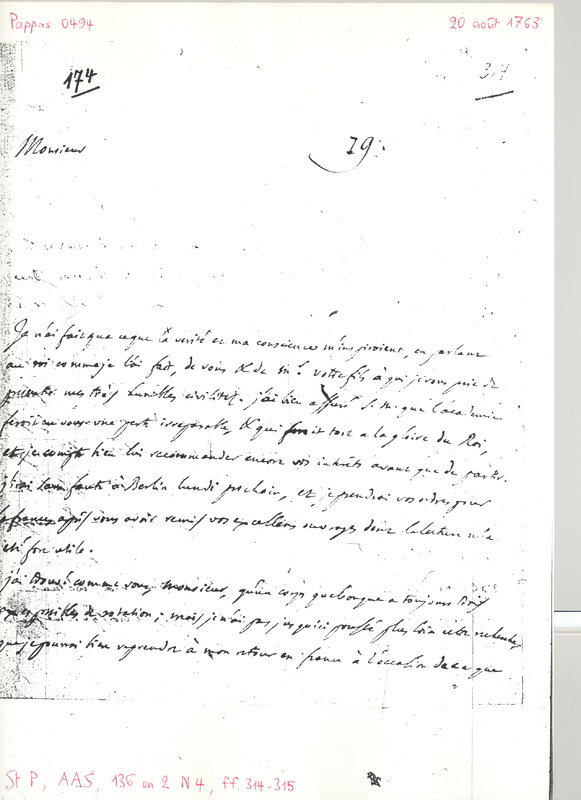 Lettre de D'Alembert à Euler Leonhard, 20 août 1763 Lettre de D'Alembert à Euler Leonhard, 20 août 1763