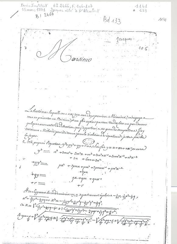 Lettre de Jacques à D'Alembert, 15 mars 1771 Lettre de Jacques à D'Alembert, 15 mars 1771