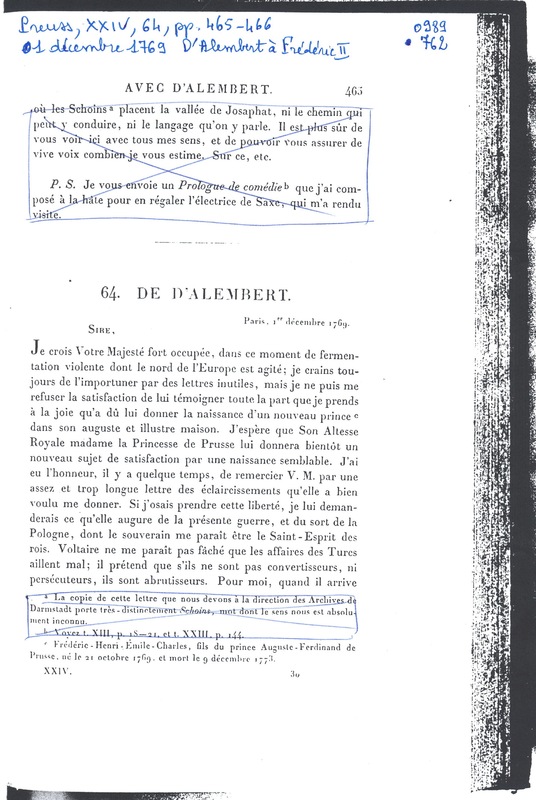 Lettre de D'Alembert à Frédéric II, 1er décembre 1769 Lettre de D'Alembert à Frédéric II, 1er décembre 1769