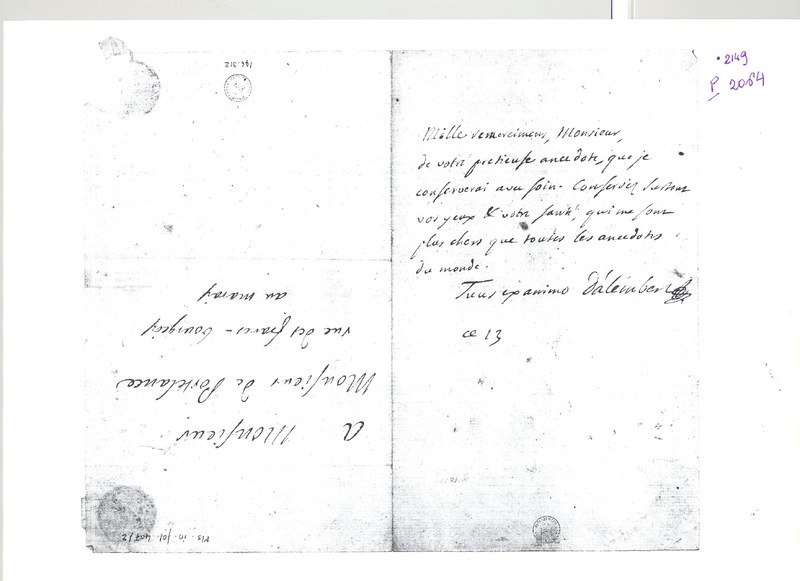 Lettre de D'Alembert à Portelance, 1781 Lettre de D'Alembert à Portelance, 1781