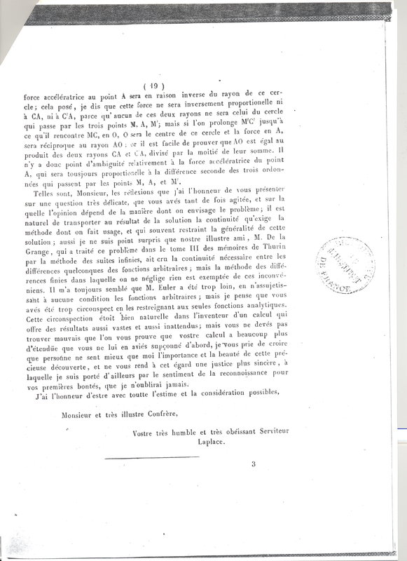Lettre de Laplace à D'Alembert, 10 mars 1782 Lettre de Laplace à D'Alembert, 10 mars 1782