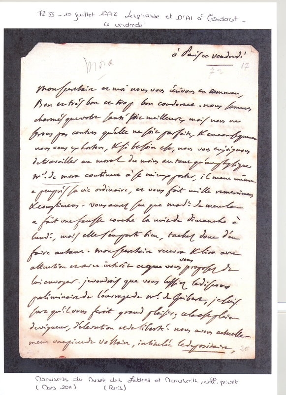 Lettre de Lespinasse dictant à D'Alembert à Condorcet, 10 juillet 1772 Lettre de Lespinasse dictant à D'Alembert à Condorcet, 10 juillet 1772
