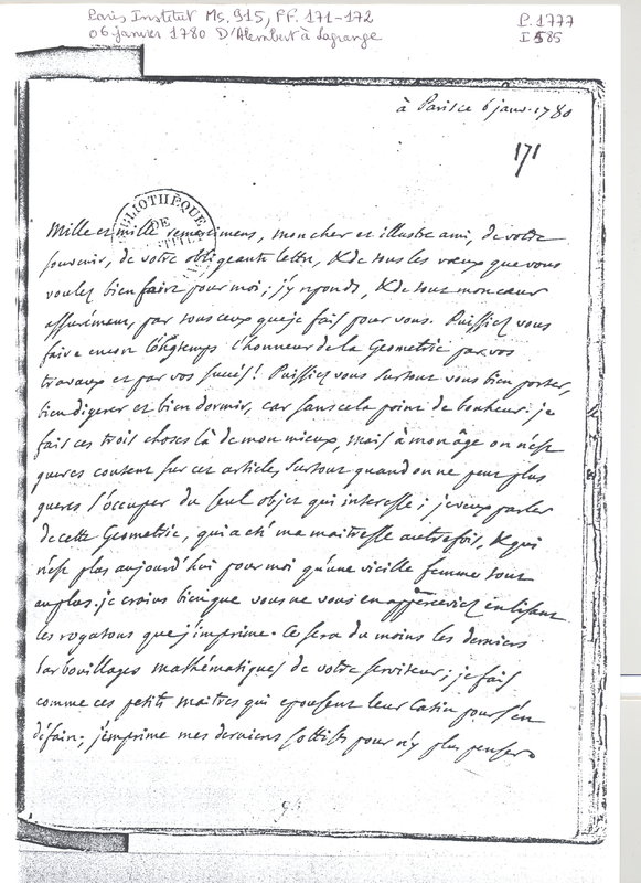 Lettre de D'Alembert à Lagrange, 6 janvier 1780 Lettre de D'Alembert à Lagrange, 6 janvier 1780