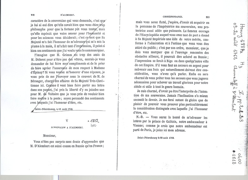 Lettre de Chouvalov à D'Alembert, 20 août 1762 Lettre de Chouvalov à D'Alembert, 20 août 1762