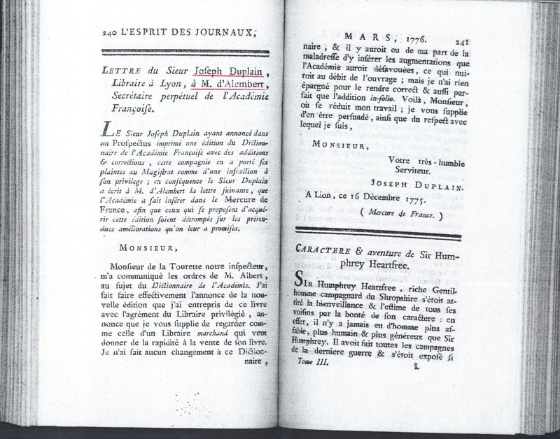 Lettre de Duplain à D'Alembert, 16 décembre 1775 Lettre de Duplain à D'Alembert, 16 décembre 1775