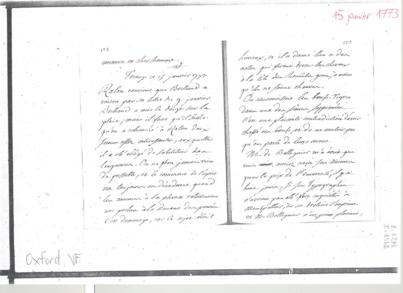 Lettre de Voltaire à D'Alembert, 15 janvier 1773 Lettre de Voltaire à D'Alembert, 15 janvier 1773