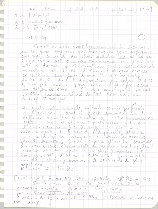 Lettre de Le Dran à D'Alembert, 15 janvier 1765 Lettre de Le Dran à D'Alembert, 15 janvier 1765