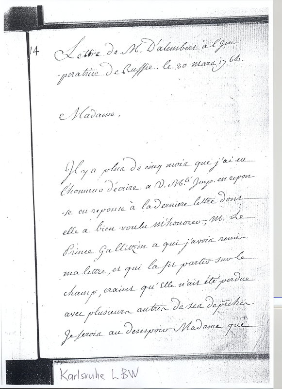 Lettre de D'Alembert à Catherine II, 20 mars 1764