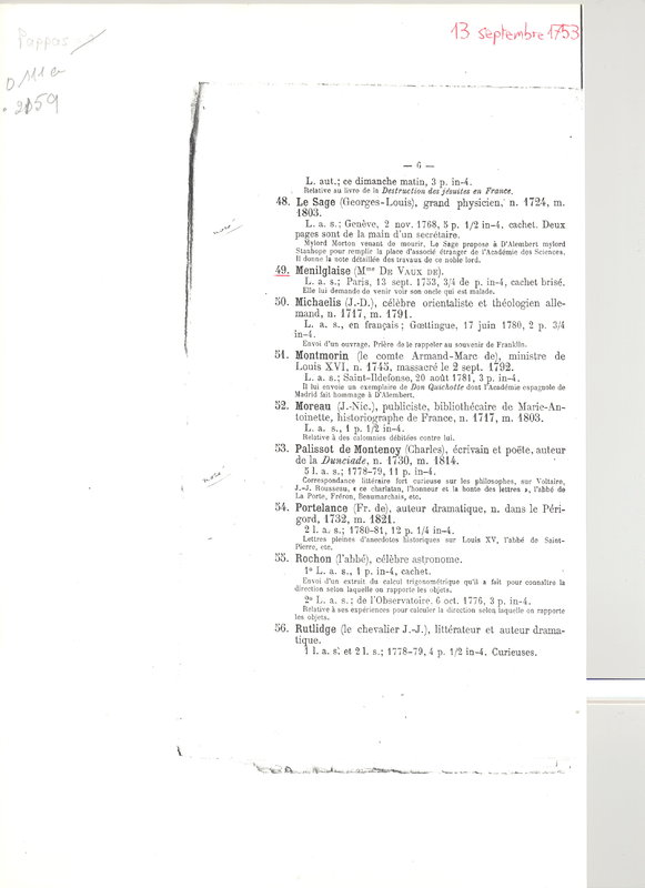 Lettre de Mme Menilglaise (Carel de Vaux) Mme à D'Alembert, 13 septembre 1753