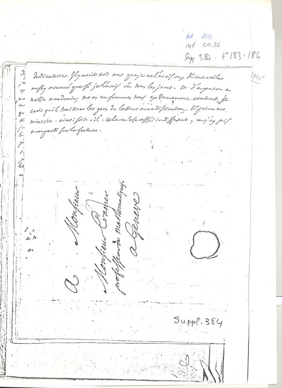 Lettre de D'Alembert à Cramer, 12 mai 1749 Lettre de D'Alembert à Cramer, 12 mai 1749