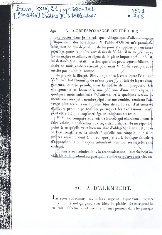 Lettre de Frédéric II à D'Alembert, décembre 1764