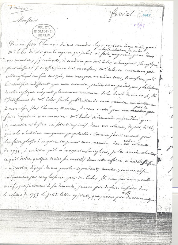 Lettre de D'Alembert à Formey, 4 février 1757