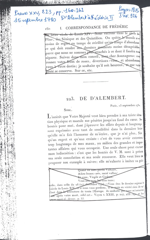 Lettre de D'Alembert à Frédéric II, 15 septembre 1780 Lettre de D'Alembert à Frédéric II, 15 septembre 1780