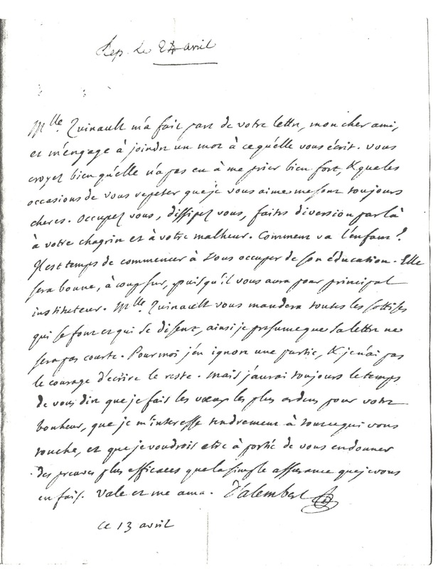 Lettre de D'Alembert à Rochefort d'Ally Jacques, 13 avril 1779 Lettre de D'Alembert à Rochefort d'Ally Jacques, 13 avril 1779