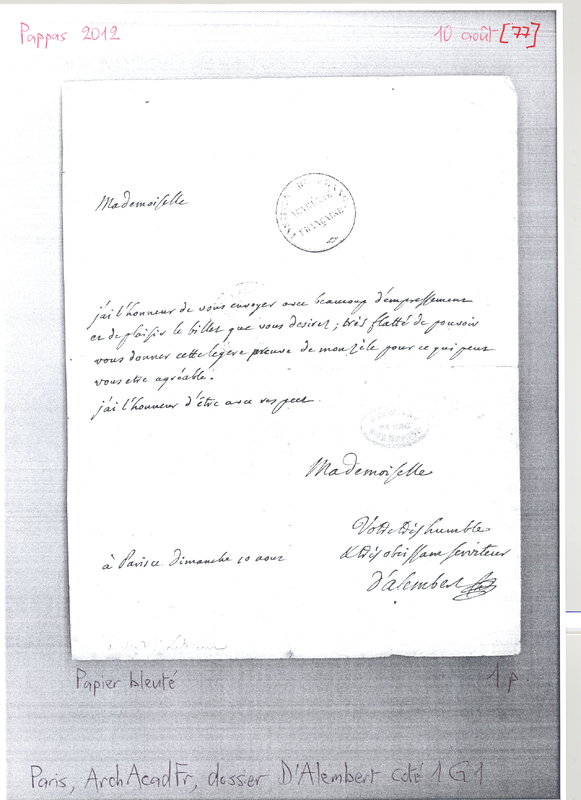 Lettre de D'Alembert à Mme Lebrun (Vigée), 10 août 1777 Lettre de D'Alembert à Mme Lebrun (Vigée), 10 août 1777