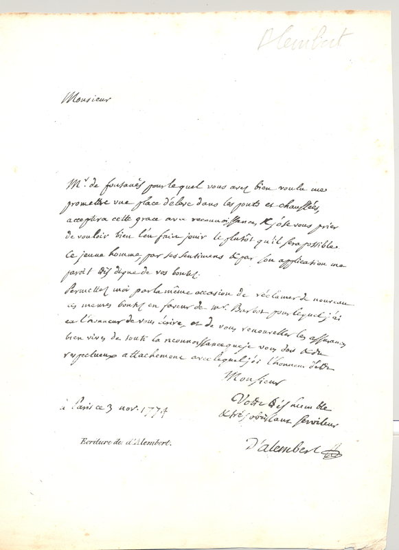 Lettre de D'Alembert à Perronet, 3 novembre 1774 Lettre de D'Alembert à Perronet, 3 novembre 1774