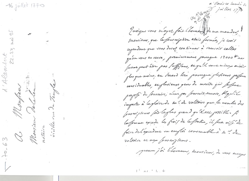Lettre de D'Alembert à Delaleu, 16 juillet 1770 Lettre de D'Alembert à Delaleu, 16 juillet 1770