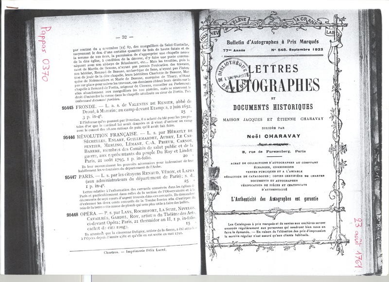 Lettre de D'Alembert à Roussier, 23 août 1761 Lettre de D'Alembert à Roussier, 23 août 1761