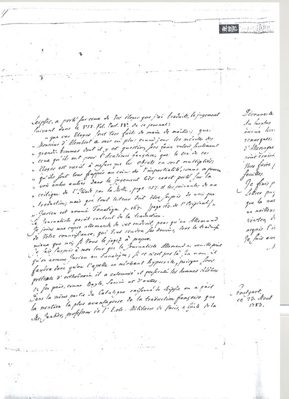 Lettre de La Motte à D'Alembert, 23 août 1783 Lettre de La Motte à D'Alembert, 23 août 1783