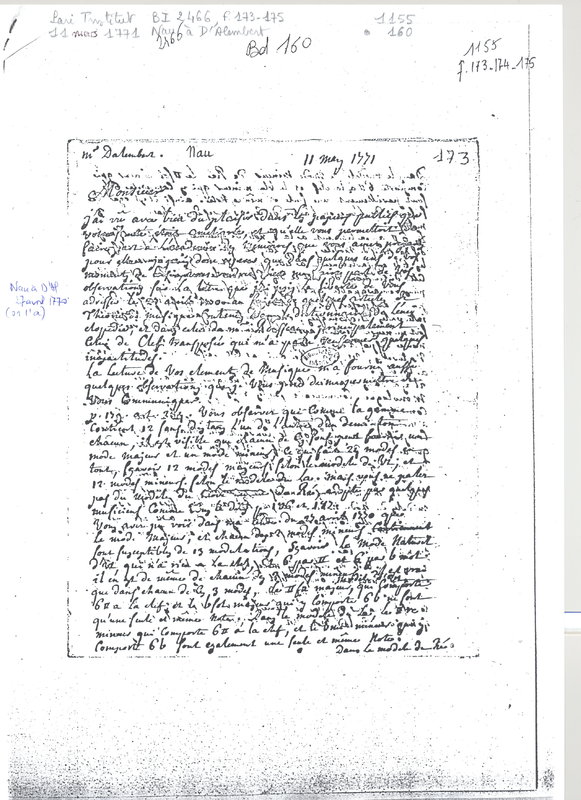 Lettre de Nau à D'Alembert, 11 mai 1771 Lettre de Nau à D'Alembert, 11 mai 1771