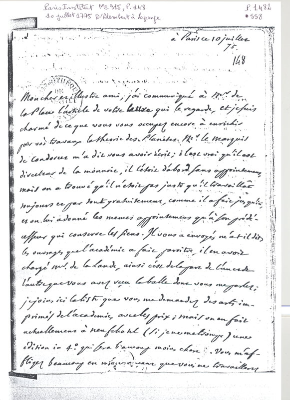 Lettre de D'Alembert à Lagrange, 10 juillet 1775 Lettre de D'Alembert à Lagrange, 10 juillet 1775