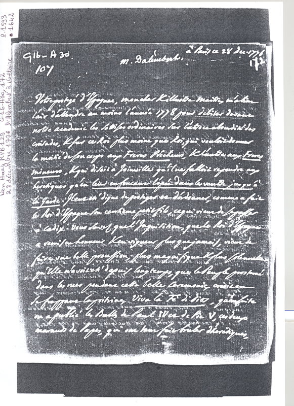 Lettre de D'Alembert à Voltaire, 28 décembre 1776