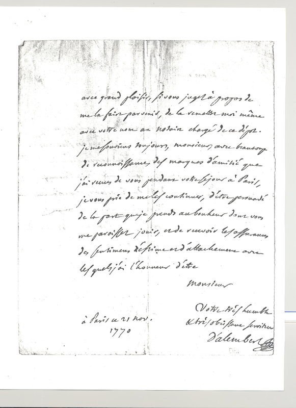 Lettre de D'Alembert à Non identifié, 21 novembre 1770 Lettre de D'Alembert à Non identifié, 21 novembre 1770
