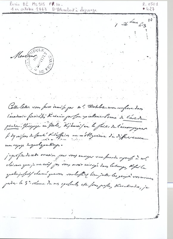 Lettre de D'Alembert à Lagrange, 1er octobre 1763 Lettre de D'Alembert à Lagrange, 1er octobre 1763