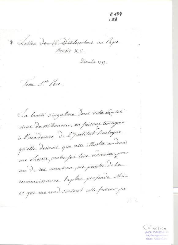 Lettre de D'Alembert à Benoît XIV, octobre 1755