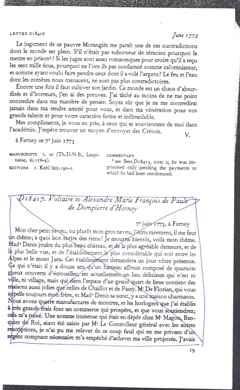 Lettre de Voltaire à D'Alembert, 7 juin 1773 Lettre de Voltaire à D'Alembert, 7 juin 1773