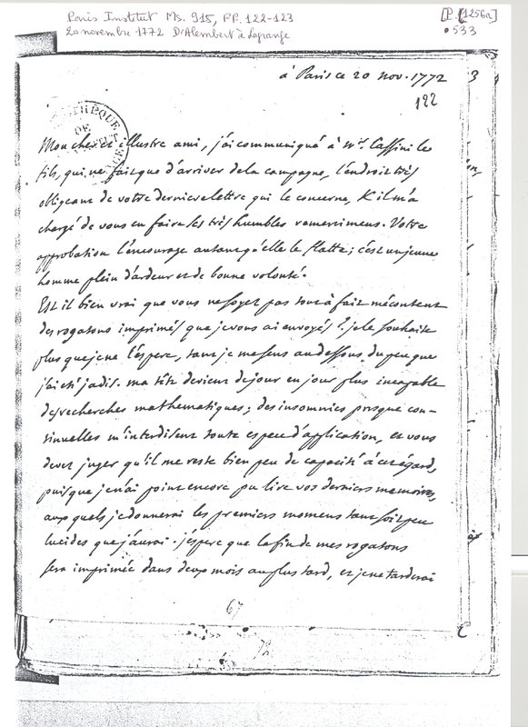 Lettre de D'Alembert à Lagrange, 20 novembre 1772 Lettre de D'Alembert à Lagrange, 20 novembre 1772