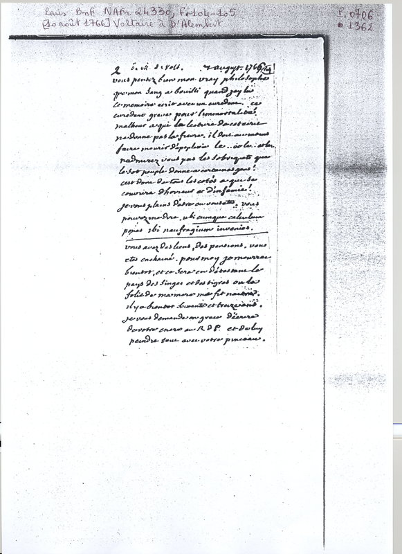 Lettre de Voltaire à D'Alembert, 10 août 1766 Lettre de Voltaire à D'Alembert, 10 août 1766