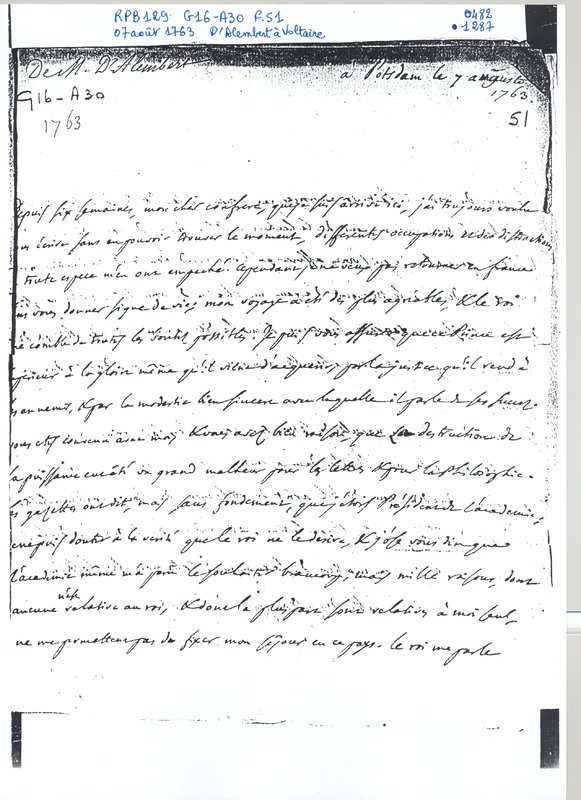 Lettre de D'Alembert à Voltaire, 7 août 1763 Lettre de D'Alembert à Voltaire, 7 août 1763