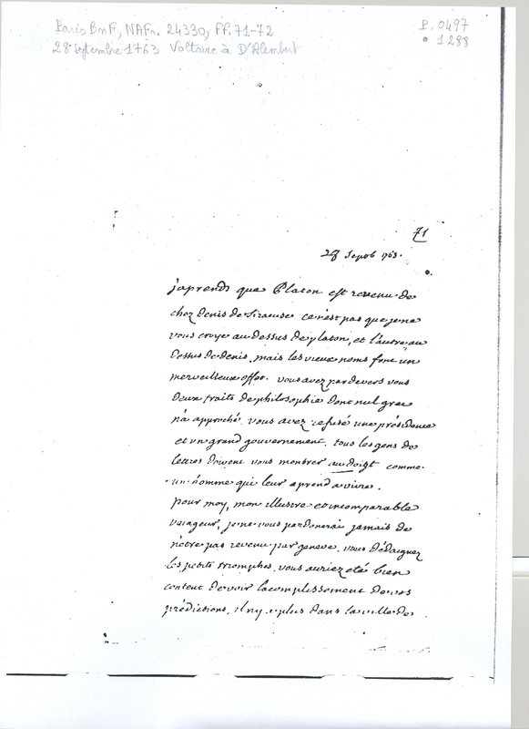 Lettre de Voltaire à D'Alembert, 28 septembre 1763 Lettre de Voltaire à D'Alembert, 28 septembre 1763